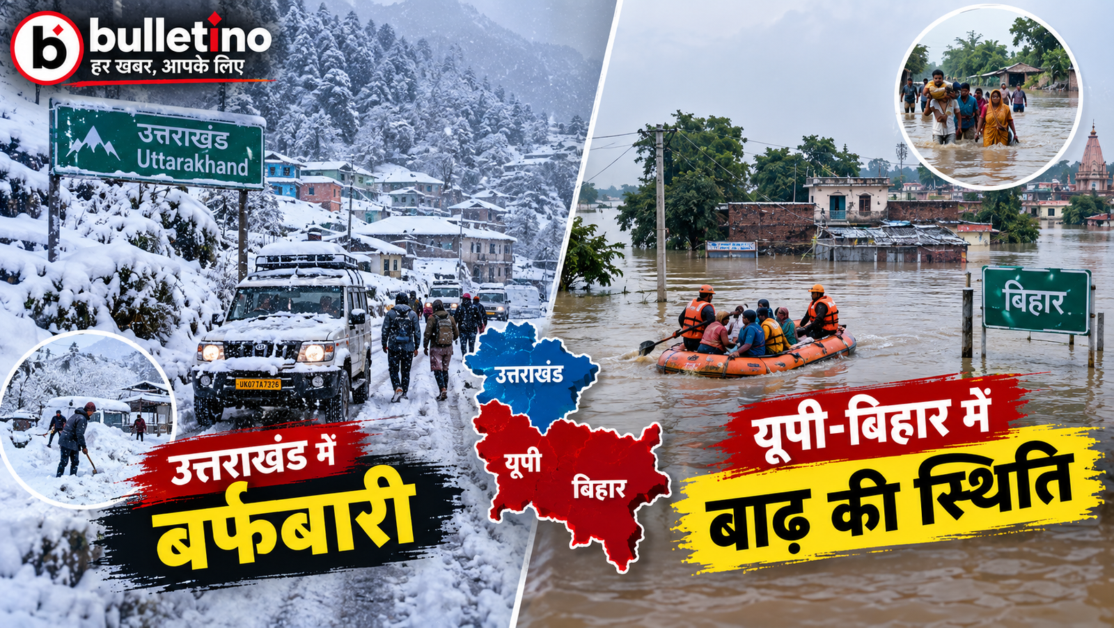 उत्तराखंड में बर्फबारी और यूपी-बिहार में बाढ़ की स्थिति