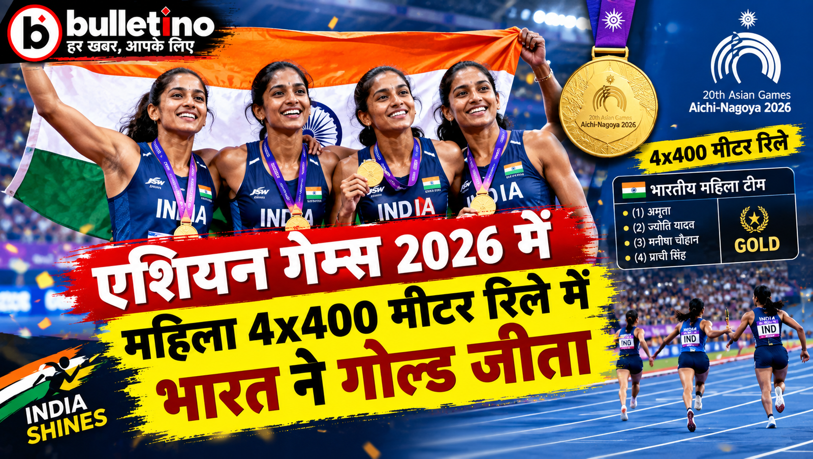 एशियन गेम्स 2026 में महिला 4x400 मीटर रिले में भारत ने गोल्ड जीता